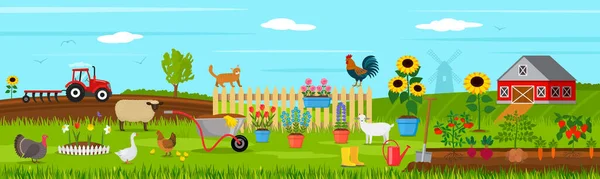 Nyári táj egy gazdaságban, háziállatokkal és állatokkal, zöld ággyal és vidéki eszközökkel. — Stock Vector
