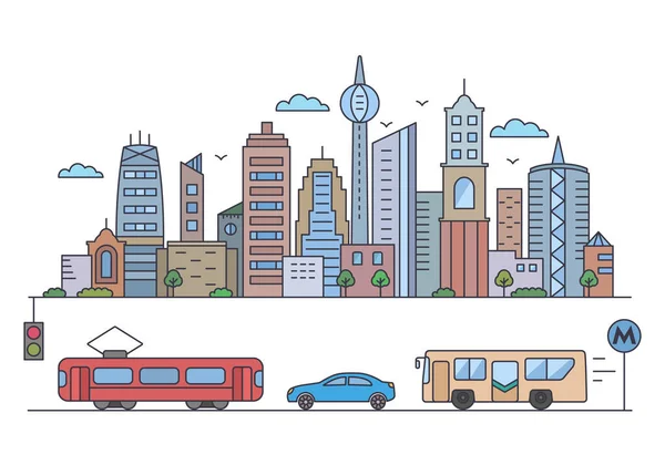 Panorama of a big city metropolis with modern buildings and skyscrapers and city transport in a linear style. — Stock Vector