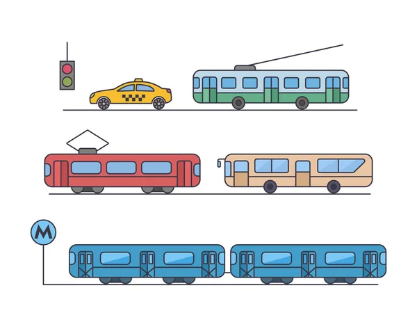 Uma vasta gama de transportes urbanos, tais como autocarros, automóveis de metro, trólebus, eléctricos e táxis — Vetor de Stock