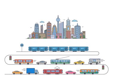 Şehir manzarası. Şehir megalopolisi ve toplu taşıma aracı. Metro, üçlü otobüs, tramvay, otobüs düz çizgide taksi. Beyaz arkaplanda izole edilmiş vektör illüstrasyonu