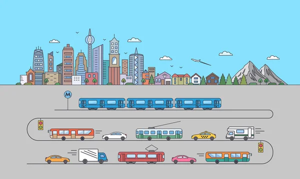 City Landscape City Megalopolis Public Transport Metro Triple Bus Tram — Stock Vector