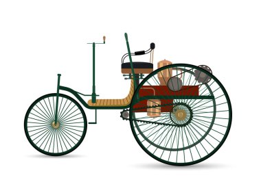 Dünyanın ilk arabası 1886 Benz Patent-Motorwagen. Beyaz arka planda gölgesi olan klasik bir araba. vektör illüstrasyonu