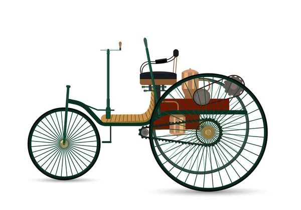 Dünyanın ilk arabası 1886 Benz Patent-Motorwagen. Beyaz arka planda gölgesi olan klasik bir araba. vektör illüstrasyonu