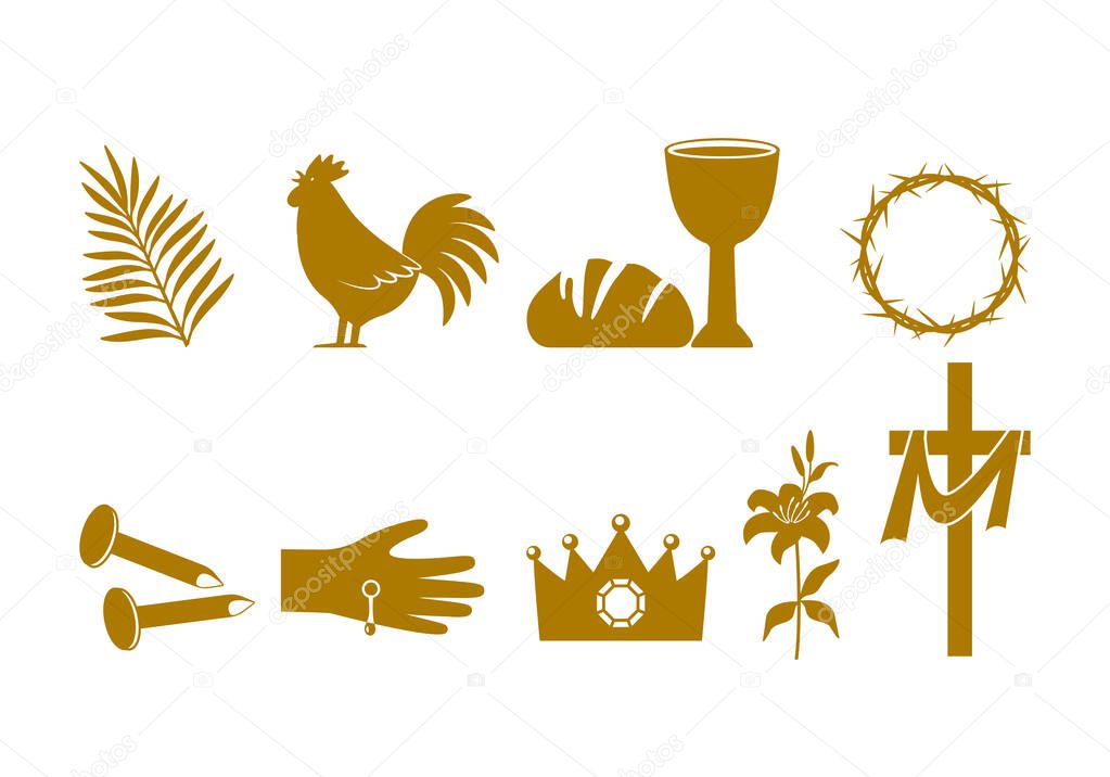 Christian Easter icon symbols. palm branch, cross of Jesus Christ, rooster, crown of thorns, bowl and bread, crucified palms. vector illustration isolated on white background