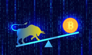 Kripto döviz borsası konsepti. Madencilik matrisi ikili kodunun arka planıyla denge ağırlıkları üzerine kurulu Bitcoin boğa ve bozuk para. Vektör illüstrasyonu