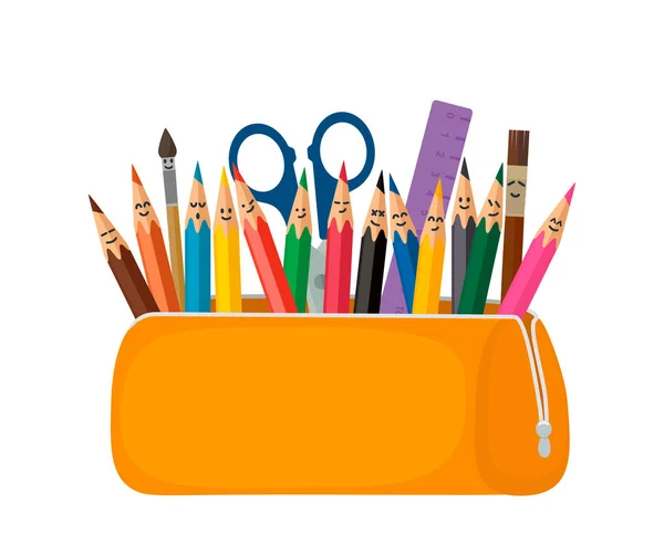 Φωτεινή Σχολική Κασετίνα Μολυβιού Γέμιση Σχολικών Χαρτικών Όπως Στυλό Μολύβια — Διανυσματικό Αρχείο