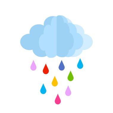 Renkli yağmur damlaları olan şirin bir bebek bulut. Beyaz arkaplanda izole edilmiş vektör illüstrasyonu