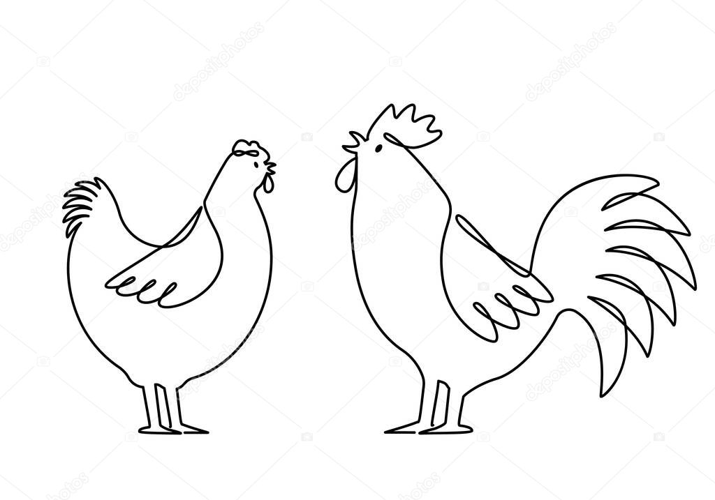 Set of domestic birds from the farm. Rooster, hen are drawn with one continuous line. template for the poultry farm. vector linear logo illustration isolated on white background