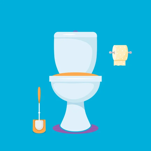 Туалетная Чаша Туалетной Бумагой Щетками Унитаза Изолированная Плоская Векторная Иллюстрация — стоковый вектор