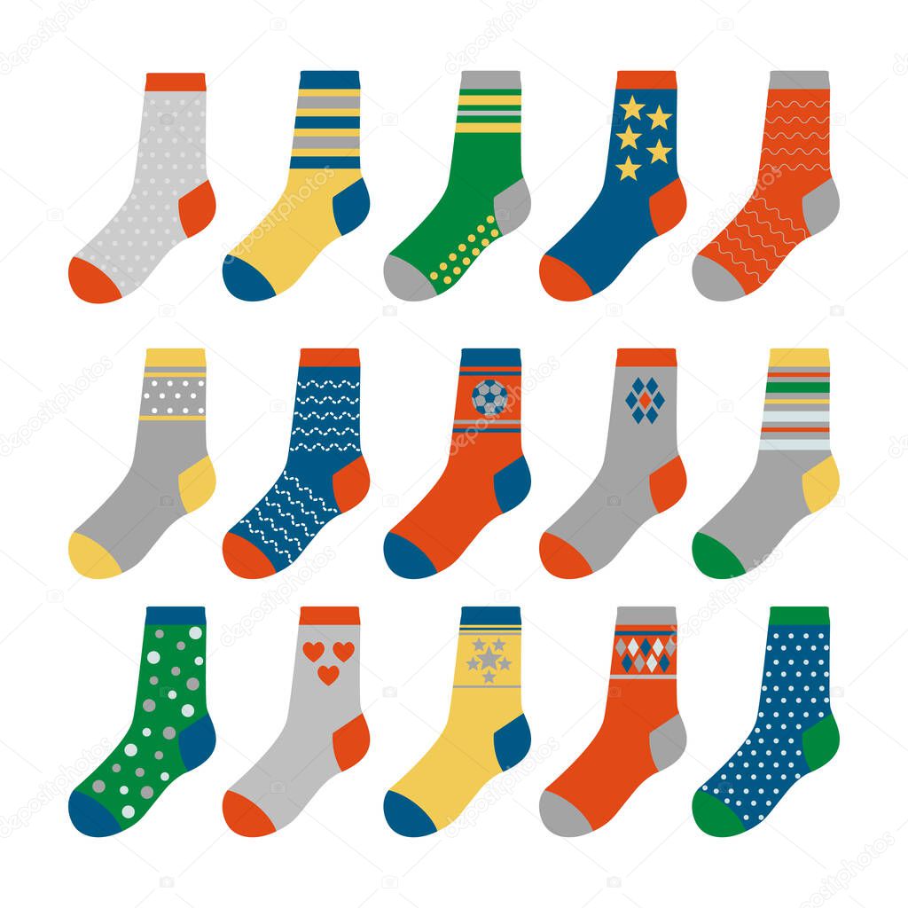 A large set of colored socks with various patterns and ornaments. children's socks in a cartoon style. vector illustration isolated on white background