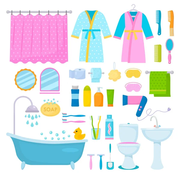 一套浴室配件 带有镜子的洗脸盆 洗发水 牙膏和刷子 带有小鸭的浴室 肥皂和吹风机 — 图库矢量图片