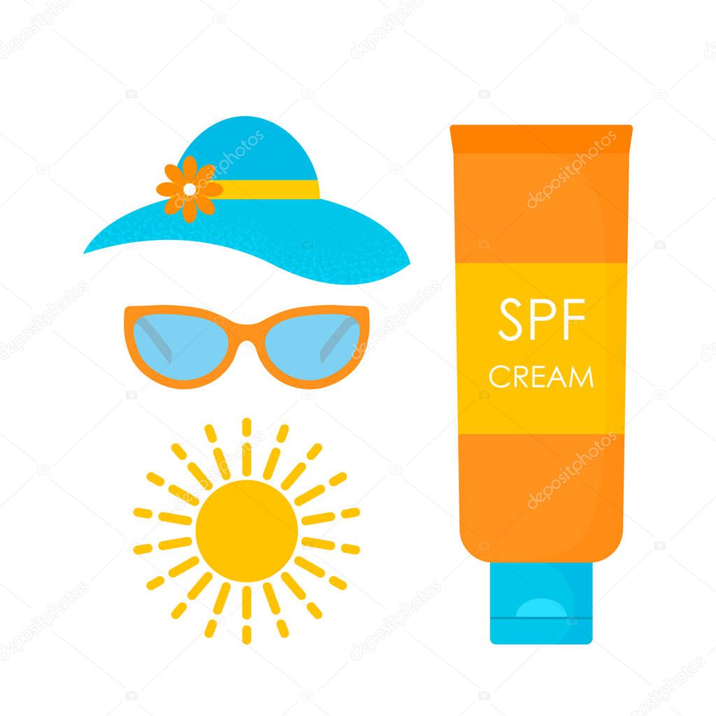 set of attributes from exposure to sunlight. womens hat, sunglasses and sun lotion. vector illustration isolated on white background