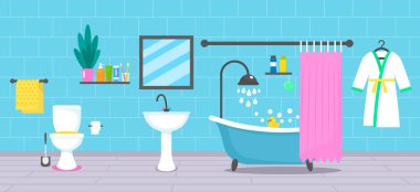 Küvet, lavabo, musluk, bornoz, tuvalet ve vücut aksesuarlarıyla modern banyo tasarımı. vektör illüstrasyonu