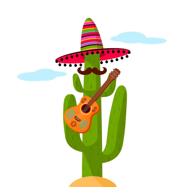 Mexikansk Kaktus Traditionell Sombrero Med Gitarr Platt Vektor Illustration Isolat — Stock vektor