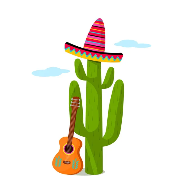 Mexikansk Kaktus Traditionell Sombrero Med Gitarr Platt Vektor Illustration Isolat — Stock vektor