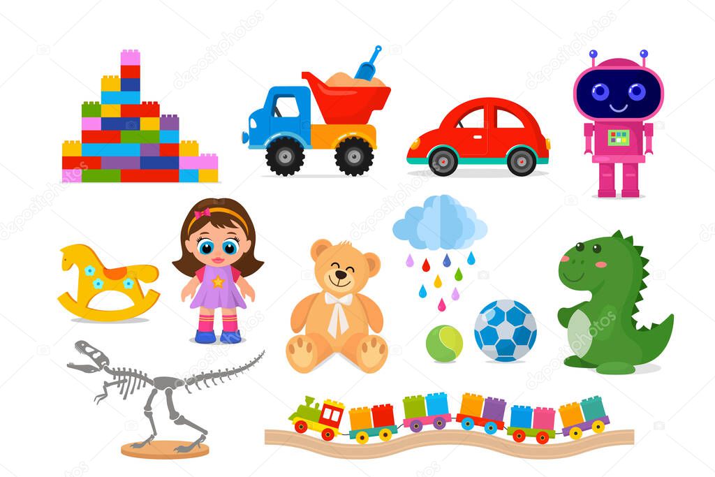 A large set of children's toys. Constructor, train, doll, cars, dinosaur skeleton, dragon, teddy bear and balls. vector illustration isolated on white background