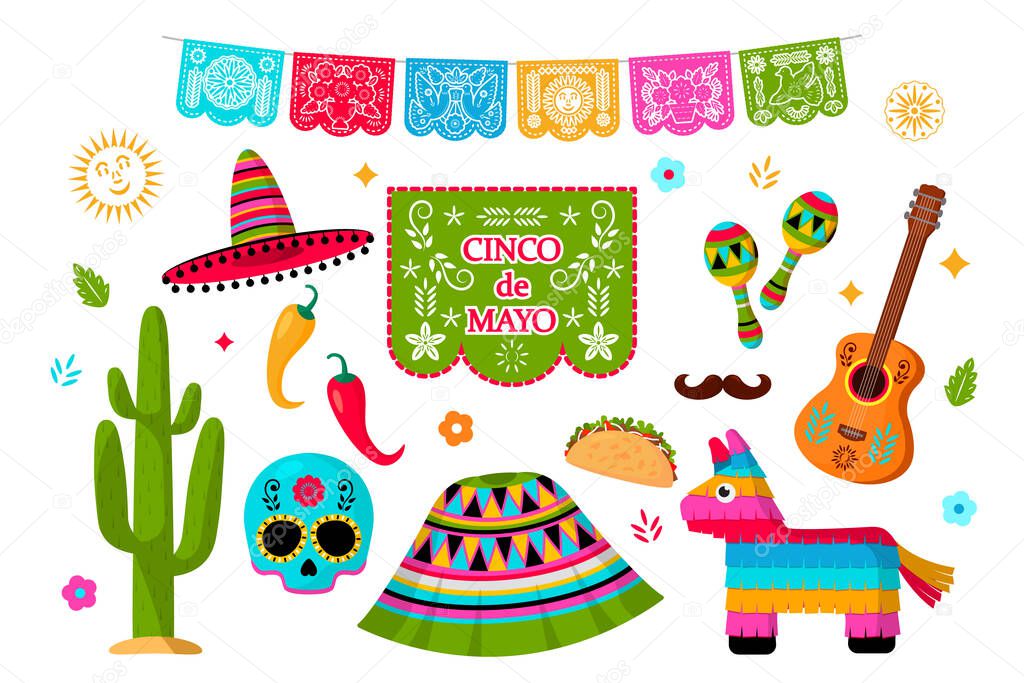 Celebration of Cinco de Mayo in Mexico, icons set, design element.Collection of icons for the Cinco de Mayo parade with pinata, food, sambrero, cactus, flag, skull, guitar. Vector illustration set
