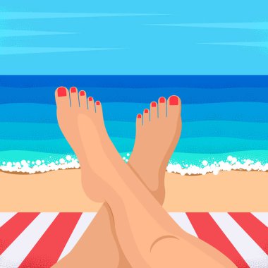 Legs of a young woman on the background of the ocean. the concept of hotel rest and travel south. vector illustration clipart