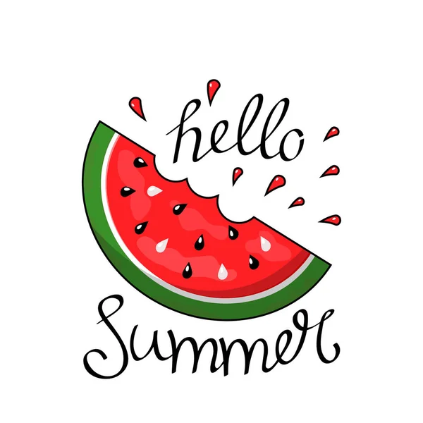 Handgezeichnete Hello Summer Schriftzüge Komposition Mit Einer Scheibe Saftiger Wassermelone — Stockvektor