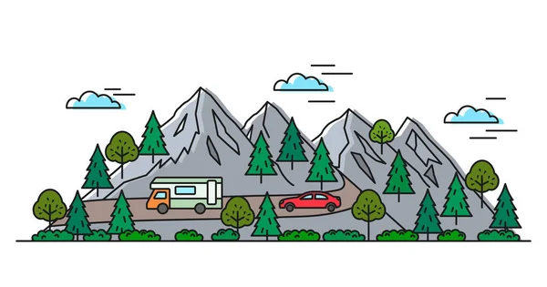 Berglandschaft Mit Wald Autos Fahren Eine Bergstraße Entlang Campingplatz Sommerferienkonzept — Stockvektor