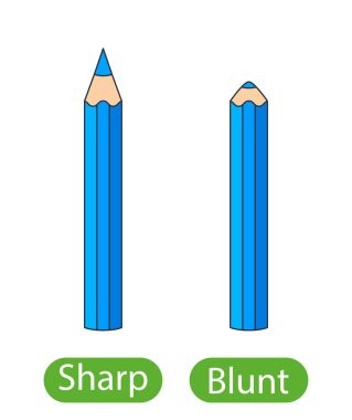 Keskin ve kör kalemler. Çocukların tam tersi sıfatları öğrenme konsepti SharP ve BLUNT. Beyaz arkaplanda izole edilmiş vektör illüstrasyonu