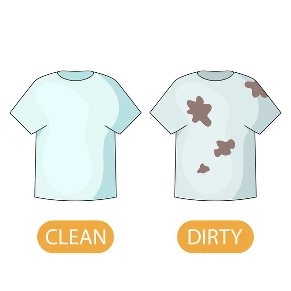 汚くてきれいなTシャツ 反対形容詞を学ぶ子どもたちの概念を汚く清潔に 白い背景に独立したベクトル図 — ストックベクタ
