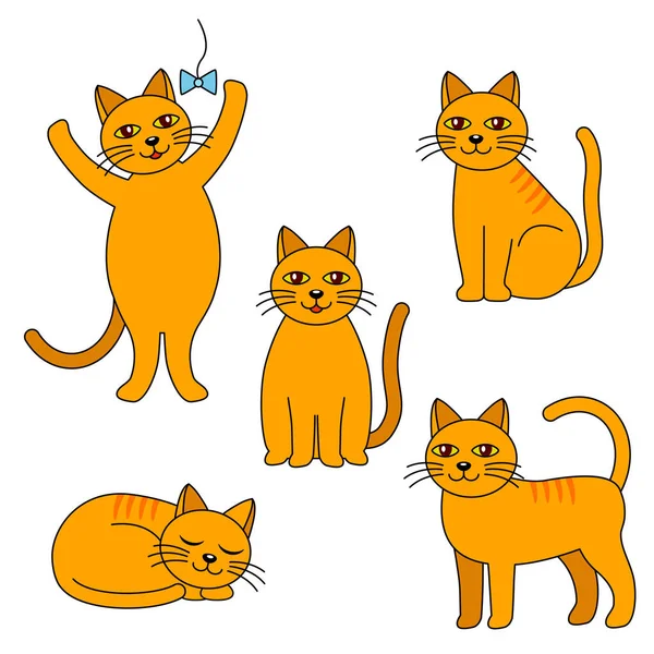 Set Ginger Cats Linear Cartoon Style Cat Lies Plays Sleeps — Stock Vector