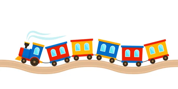 Ein Spielzeug Einer Kindereisenbahn Mit Farbigen Waggons Rauscht Über Die — Stockvektor