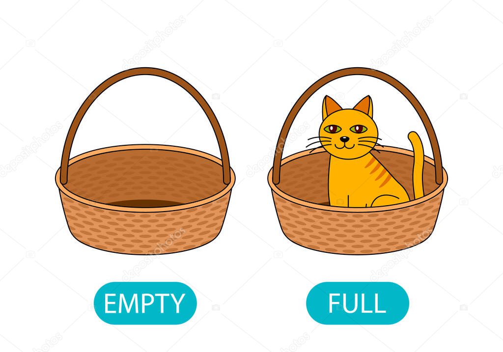 empty and full basket with a cat. the concept of teaching children the opposite adjective. vector illustration isolated on white background