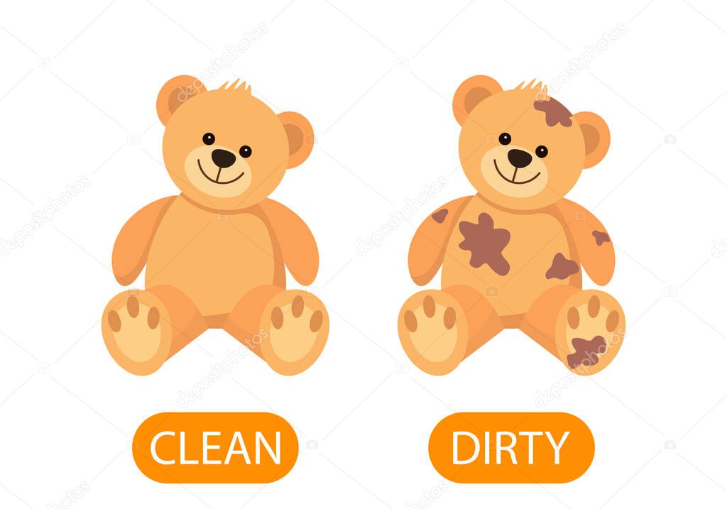 dirty and clean teddy bear plush toys. concept of children learning opposite adjectives clean and dirty. vector illustration isolated on white background