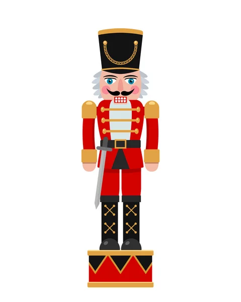 剣で赤いスーツのクリスマスくるみ割り人形 白を背景にしたフラットベクトルイラスト — ストックベクタ