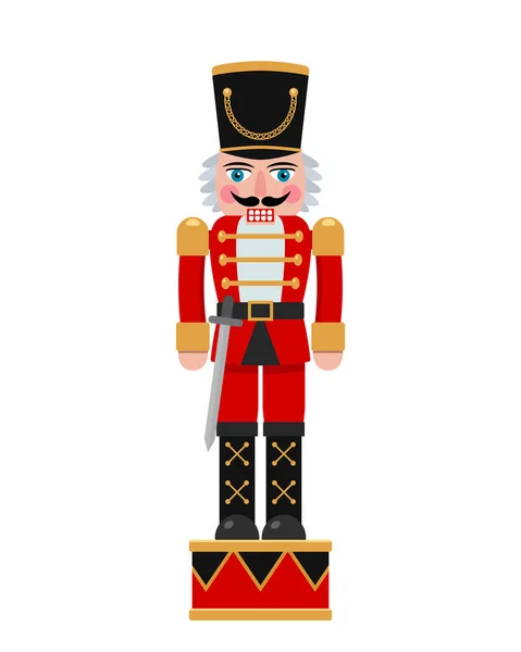 Christmas Nutcracker Red Suit Sword Flat Vector Illustration Isolated White — Stock Vector