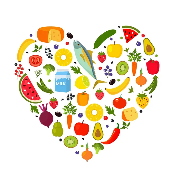 Coração Composto Por Peixe Queijo Legumes Frutas Bagas Ervas Conceito —  Vetores de Stock