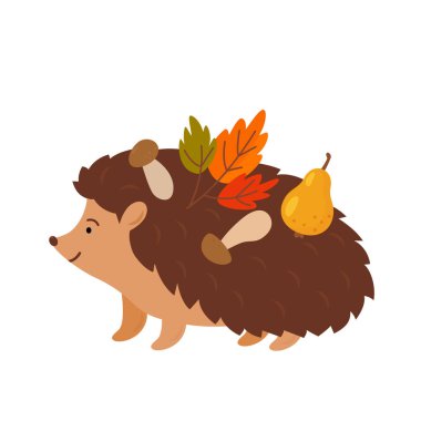cute hedgehog character carries leaves, mushrooms and pear on thorns. flat vector illustration isolated on white background