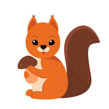 cute squirrel character holding a white mushroom in its paws. flat vector illustration isolated on white background