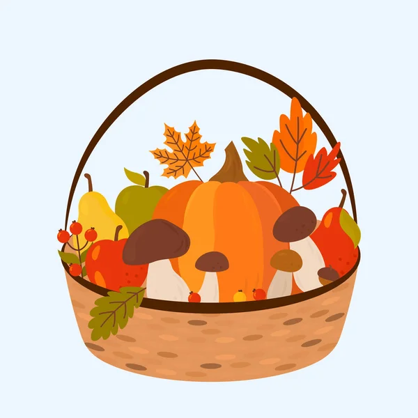 Wicker Basket Pumpkin Apples Pears Mushrooms Flax Leaves Berries Thanksgiving — Stock Vector