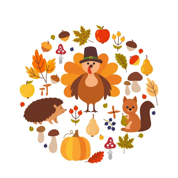 Happy Thanksgiving Greeting Banner Set Autumn Elements Hedgehog Squirrel Pumpkin — Stock Vector