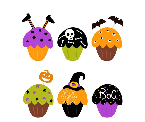 Set Happy Halloween Cakes Sweets Eyes Skull Bat Witch Hat — Stockvector