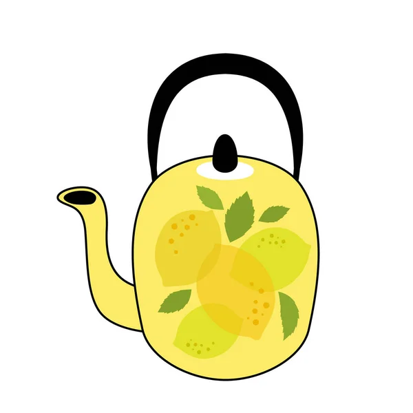 Чайник Зеленим Чаєм Лимонами Листя Яти Векторна Ілюстрація Ізольована Білому — стоковий вектор