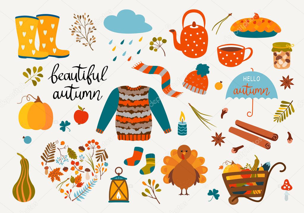 set of autumn icons - maple leaves, mushrooms, a cup of coffee, pie, candles, a cloud, pumpkin, socks, rubber boots, hat, scarf, sweater and an umbrella. hand lettering Beautiful autumn. Vector illustration