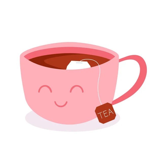 Мила Чашка Чорного Чаю Посмішкою Пакетом Чаю Векторна Ілюстрація Ізольована — стоковий вектор