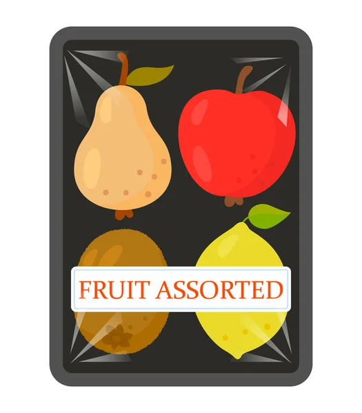 袋に詰められた熟したジューシーな果物がスーパーで売られています リンゴ キウイ レモンのフルーツプレート 白い背景に独立したベクトル図 — ストックベクタ