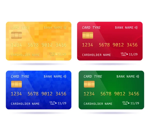 Set Farbiger Kreditkarten Mit Verschiedenen Designs Goldene Unbegrenzte Kartenvektordarstellung Isoliert — Stockvektor