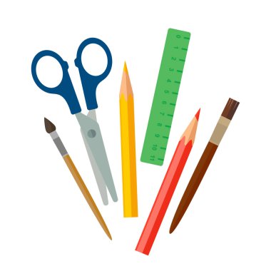 Okul ya da ofis için kırtasiye malzemesi. Kırtasiye makası, renkli kalemler, fırçalar. Beyaz arkaplanda izole edilmiş vektör illüstrasyonu