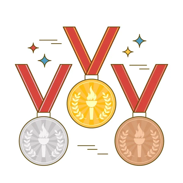 銅メダルトーチと赤いリボンで 白地にフラットアイコンと輝く勝者メダル 漫画風のベクトルイラスト — ストックベクタ