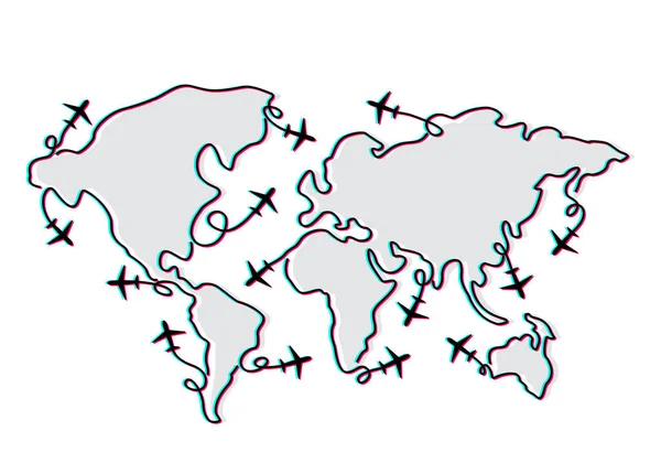 Abstracte Wereldkaart Getekend Door Één Lijn Met Een Vliegtuig Vakantie — Stockvector