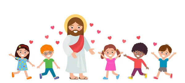 Des Enfants Joyeux Suivent Jésus Christ Concept École Dimanche Éducation — Image vectorielle