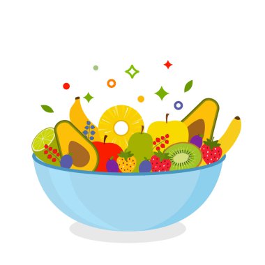 Taze olgun meyve salatası muzlar, ananas, elma, erik, armut, çilek. Düzgün beslenme, diyet, vegan menü kavramı. düz vektör çizimi beyaz arkaplanda izole edildi