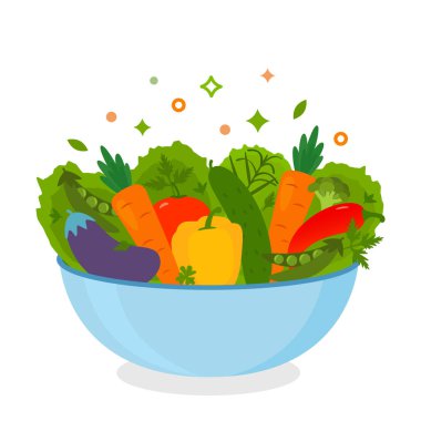 Taze sebze salatası, marul, otlar, bezelyeler. Düzgün beslenme, diyet, vegan menü kavramı. düz vektör çizimi beyaz arkaplanda izole edildi