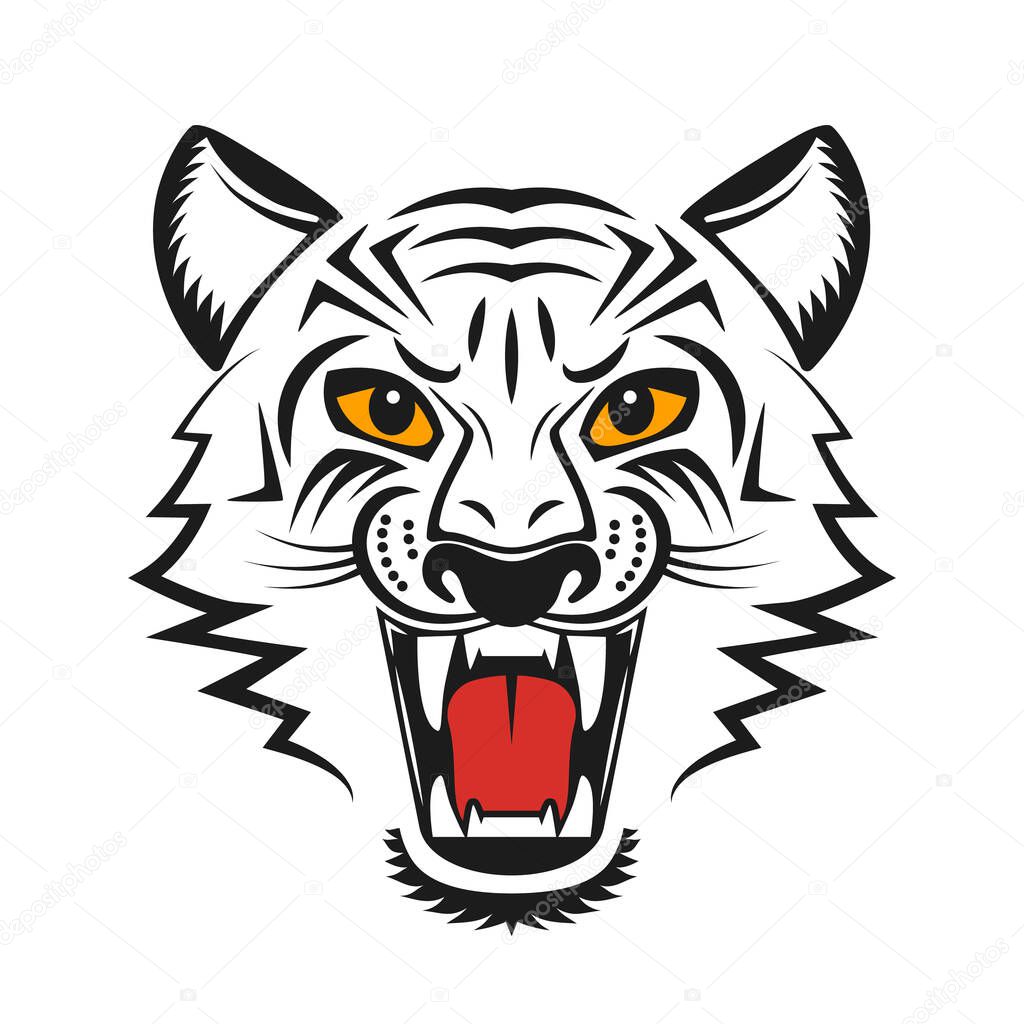 Angry tiger face with open mouth. 2022 tiger face geometric symbol. Chinese New Year concept for the signs of the zodiac. vector illustration isolated on white background in asian style
